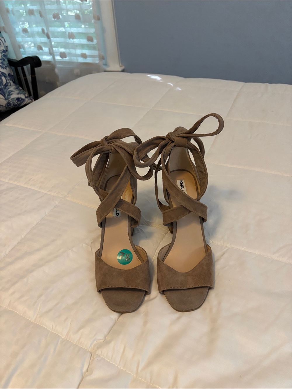 Karl Lagerfeld Taupe Suede Wrap-Tie Block Heels